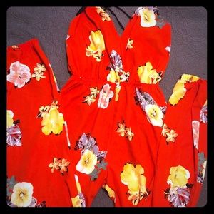 Red Flora straps jumpsuit